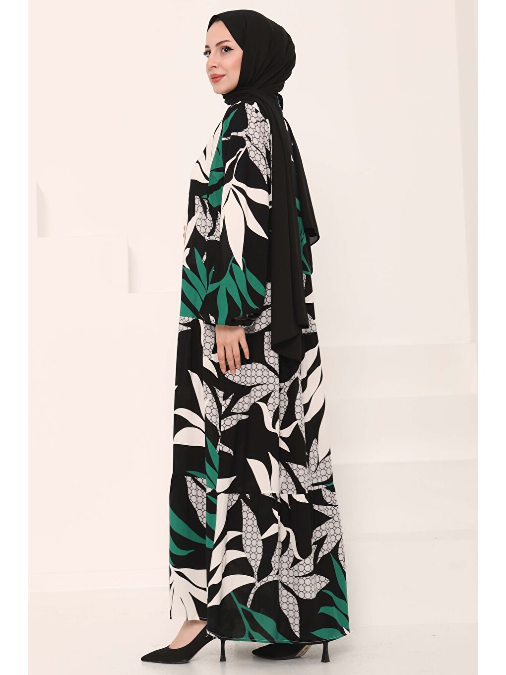 Desenli Düğmeli Elbise Siyah - 27041-5