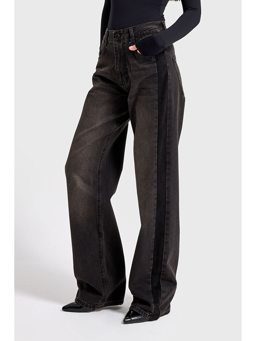 Gri Kadın Füme Renk 2w5-62 Loose Fit Yan Süet Detaylı Özel Tasarım Denim Jean