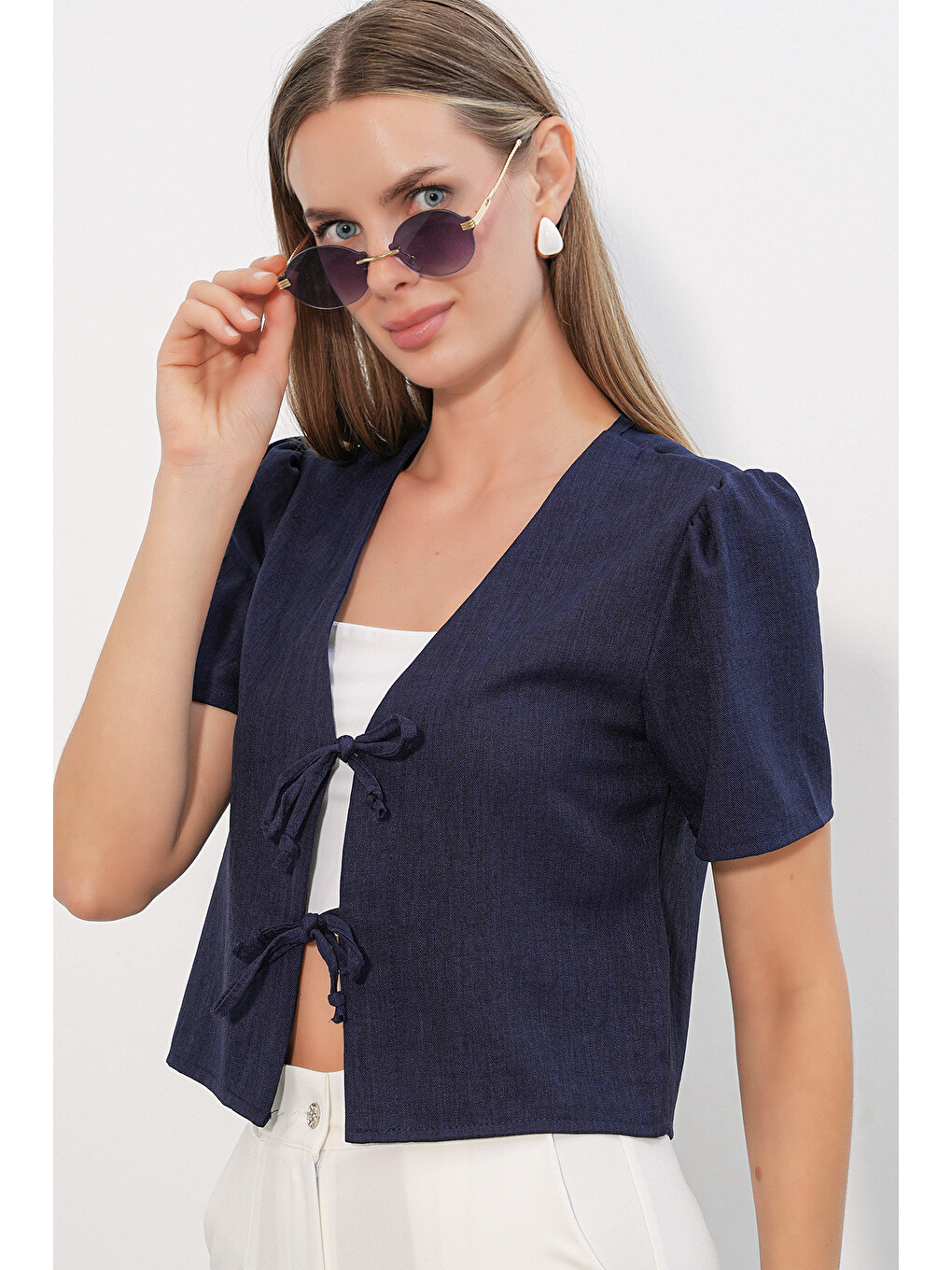 Kadın Kısa Kol Crop Bluz 958 - Lacivert-2