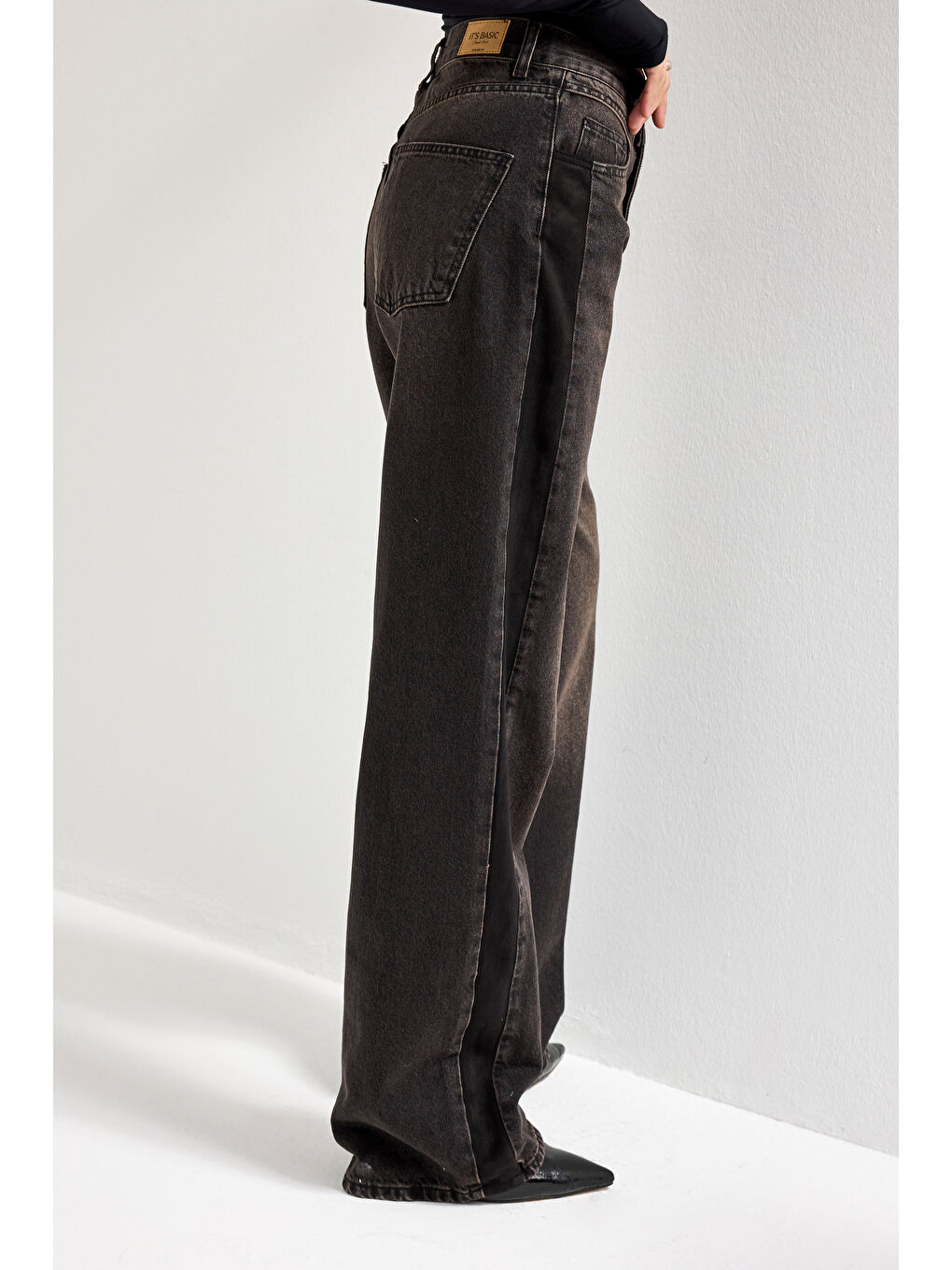 Gri Kadın Füme Renk 2w5-62 Loose Fit Yan Süet Detaylı Özel Tasarım Denim Jean-2