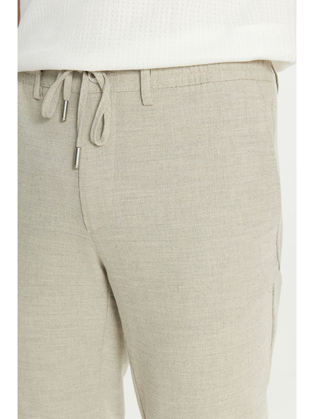 Erkek Açık Gri Pamuklu Slim Fit Dar Kesim Beli Bağlamalı Yan Cepli Esnek Pantolon-3