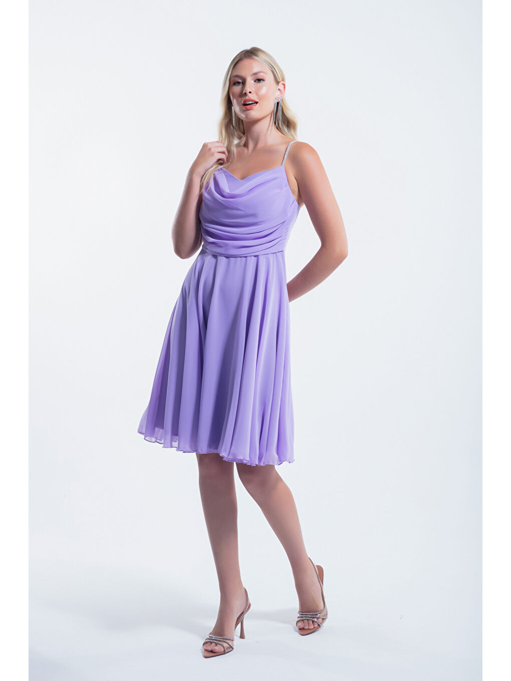 Kadın Lila Taş Askılı Midi Abiye Elbise