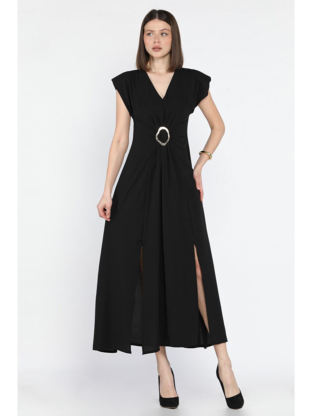 Siyah V Yaka Vatkalı Toka Detaylı Kadın Elbise-1