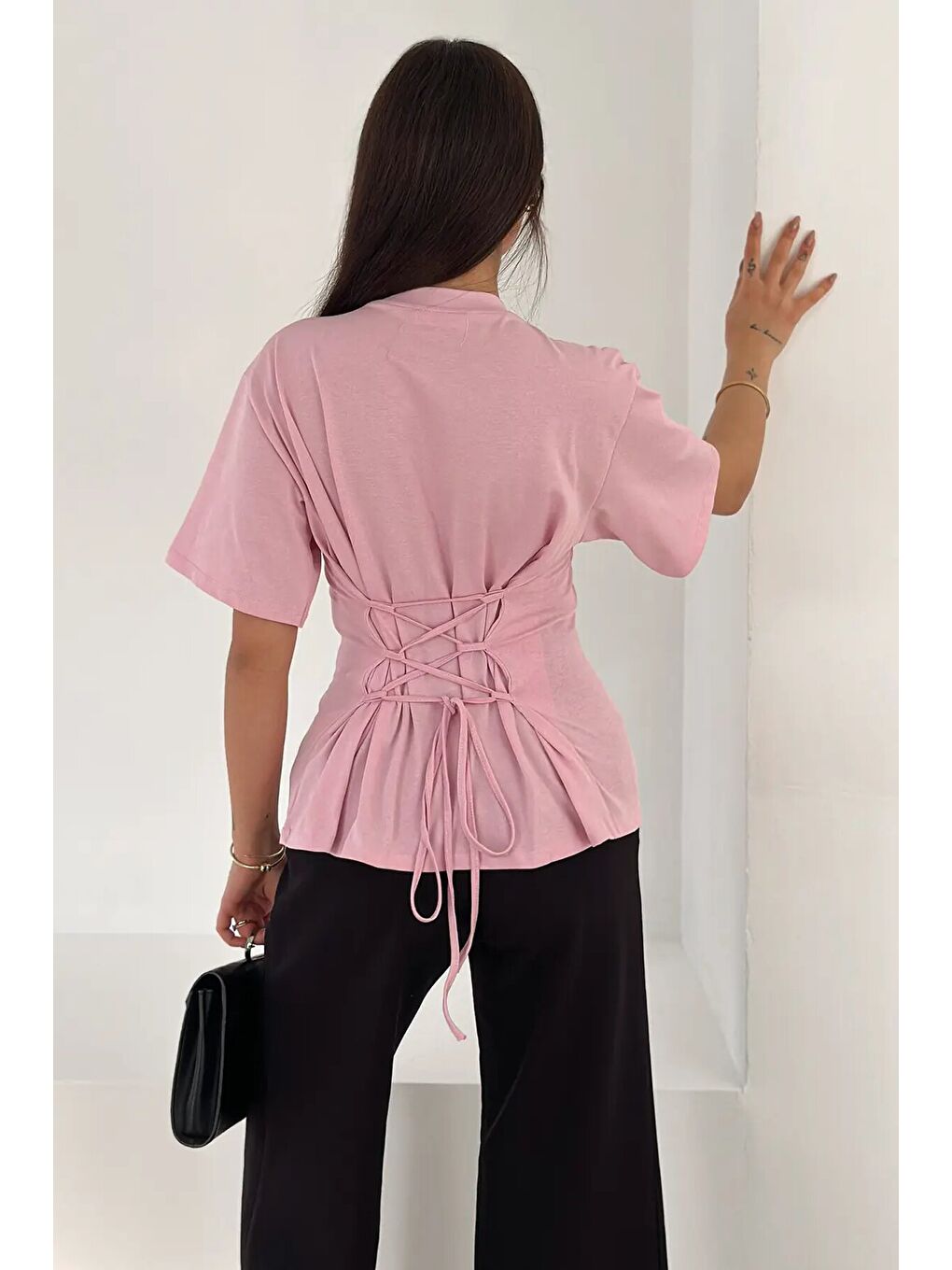 Bağlama Detaylı Kısa Kollu Tişört Pembe-1
