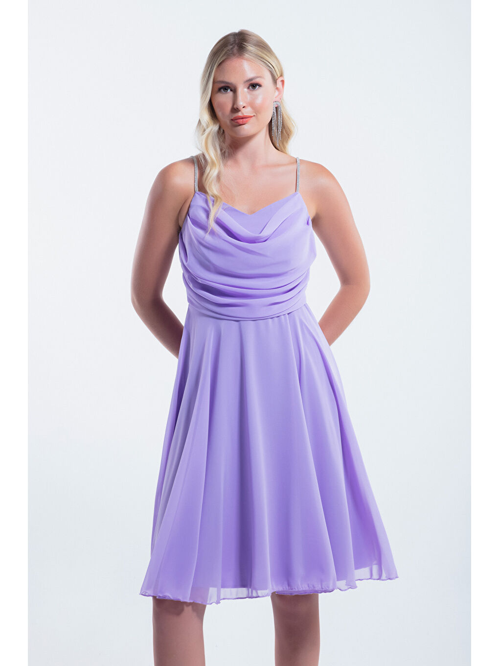 Kadın Lila Taş Askılı Midi Abiye Elbise-1