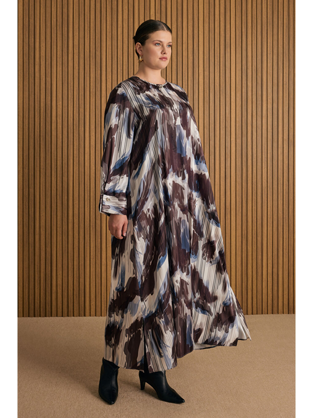 Bej Desenli Viscon Elbise-2