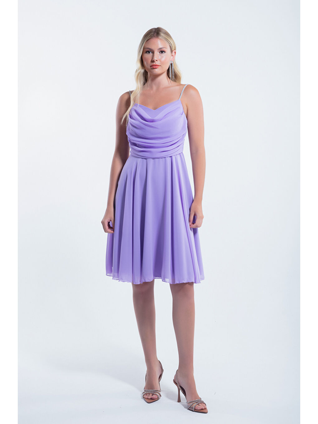 Kadın Lila Taş Askılı Midi Abiye Elbise-2