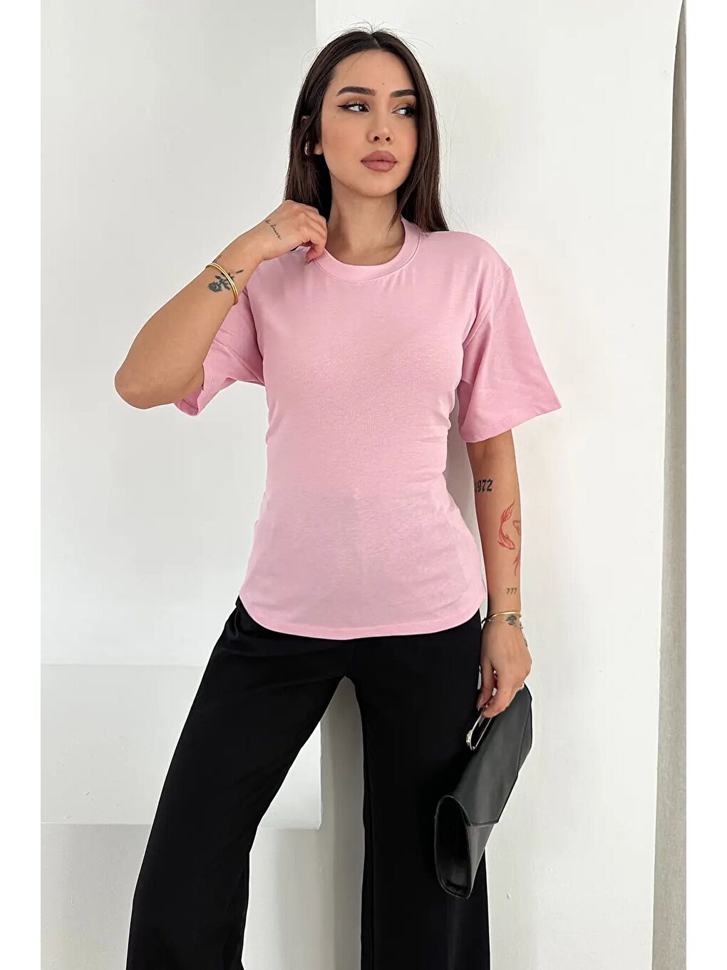 Bağlama Detaylı Kısa Kollu Tişört Pembe-2