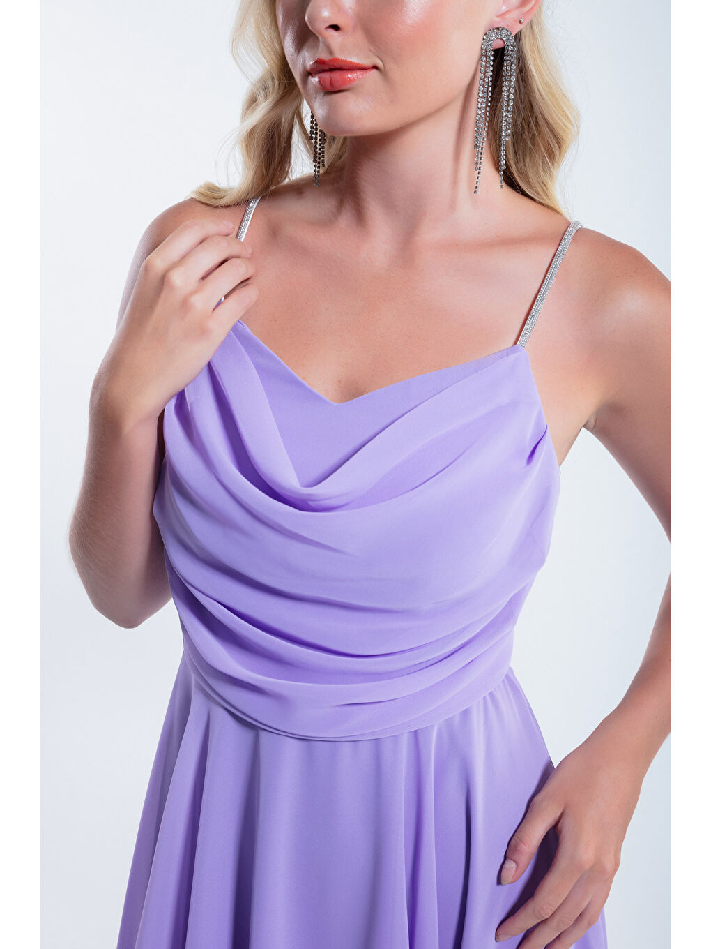 Kadın Lila Taş Askılı Midi Abiye Elbise-3