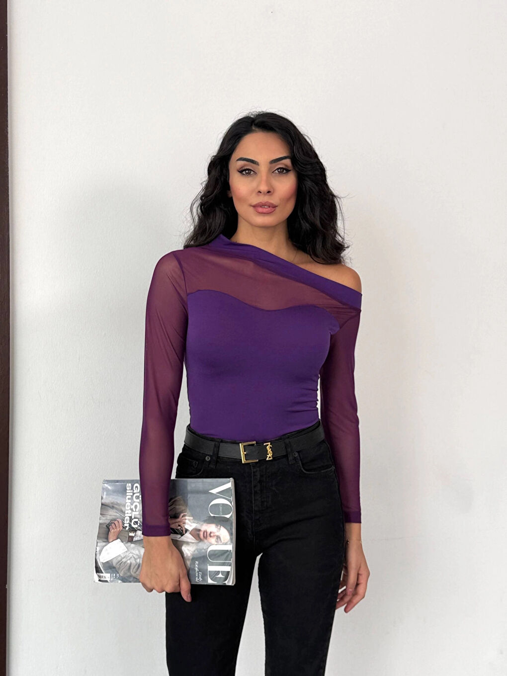 Kadın Mor Tül Garnili Uzun Kol Rahat Bluz HZL25W-FRY123541