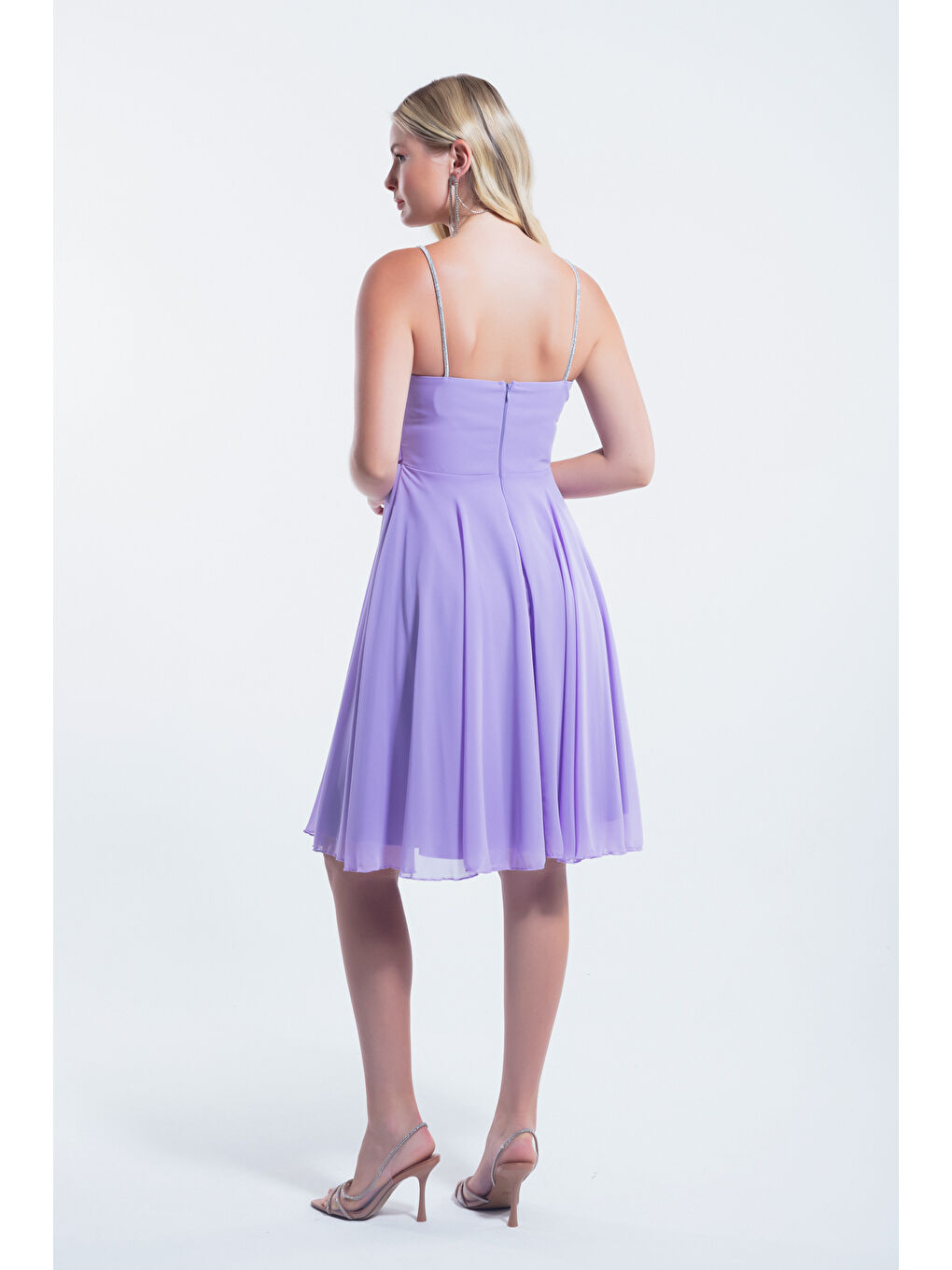 Kadın Lila Taş Askılı Midi Abiye Elbise-4