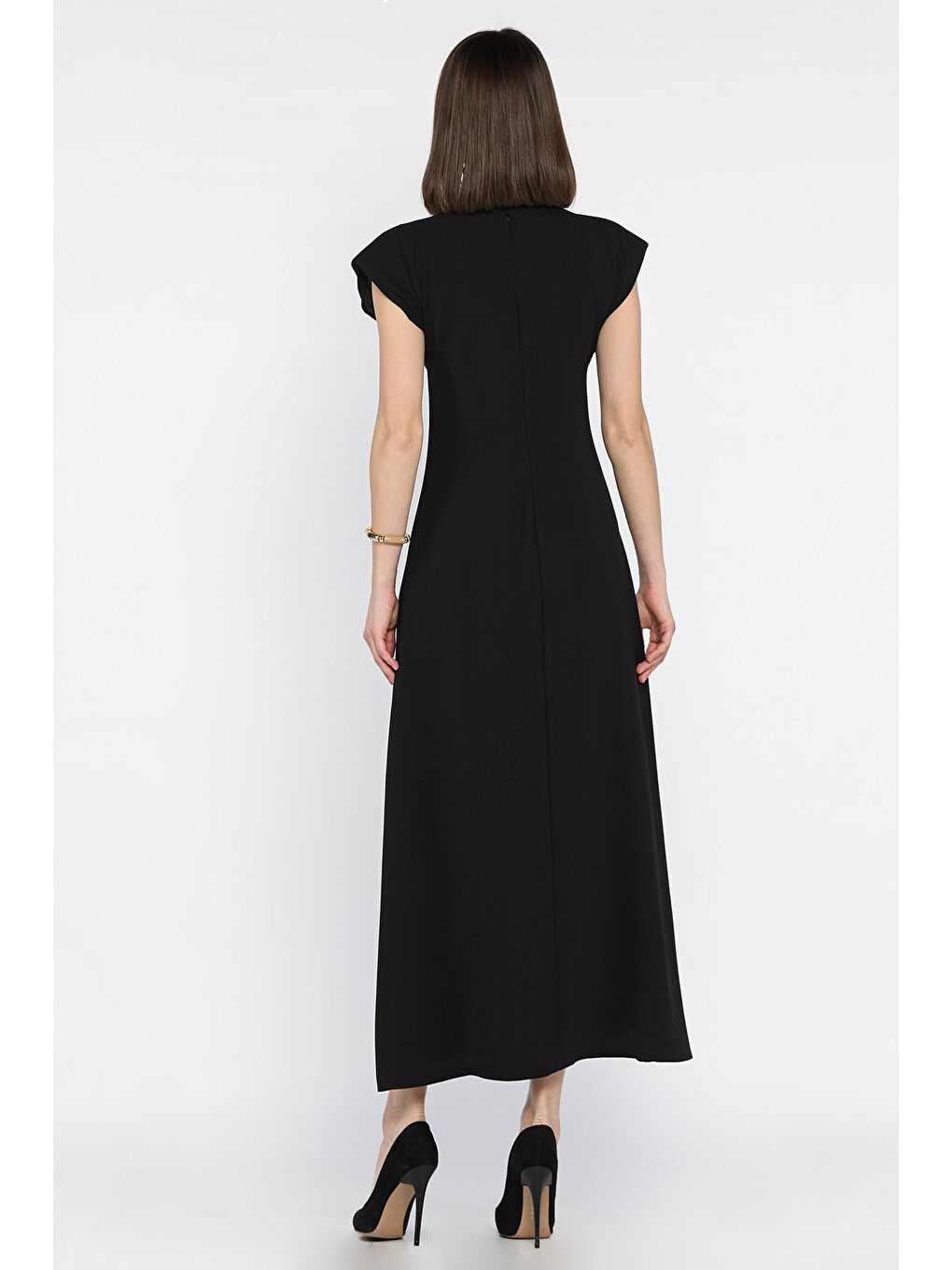 Siyah V Yaka Vatkalı Toka Detaylı Kadın Elbise-2