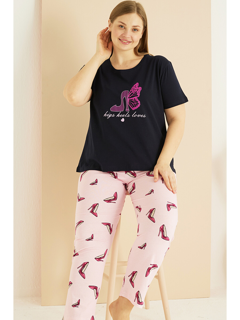 Lacivert Desenli Curve Büyük Beden Battal Boy Pamuklu Pijama Takım25103767