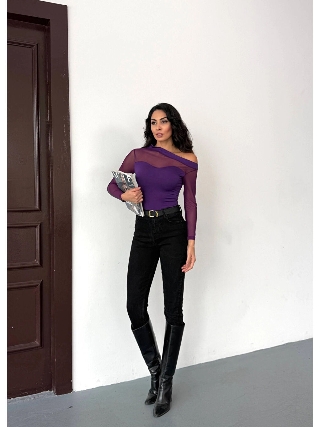 Kadın Mor Tül Garnili Uzun Kol Rahat Bluz HZL25W-FRY123541-1