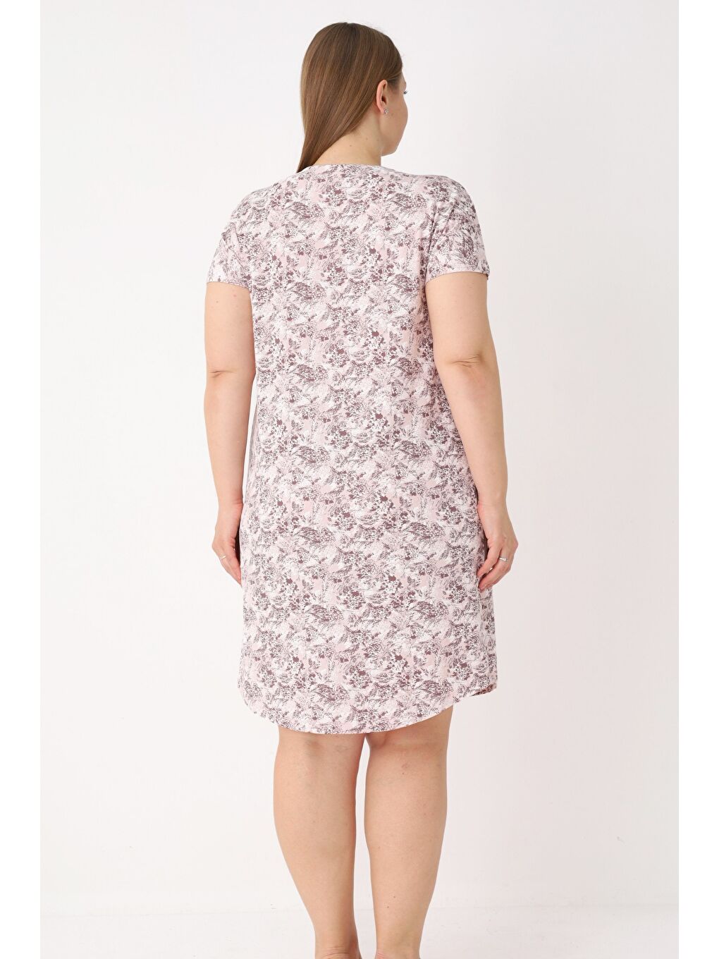 Pembe Desenli Dantel Detaylı Elastanlı Kısa Kollu V Yaka Kadın Büyük Beden Gecelik-3