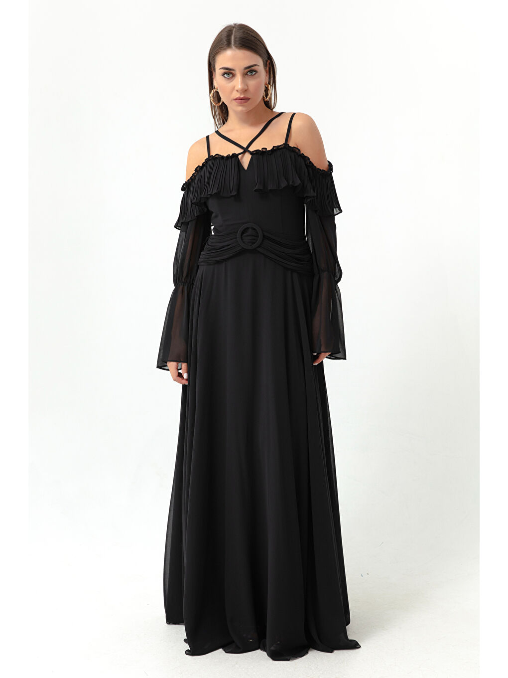 Kadın Siyah Askılı Düşük Kol Şifon Abiye Elbise-2