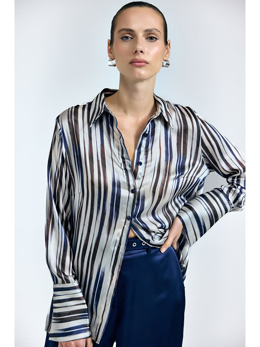 Desenli Salaş Gömlek - Lacivert-4