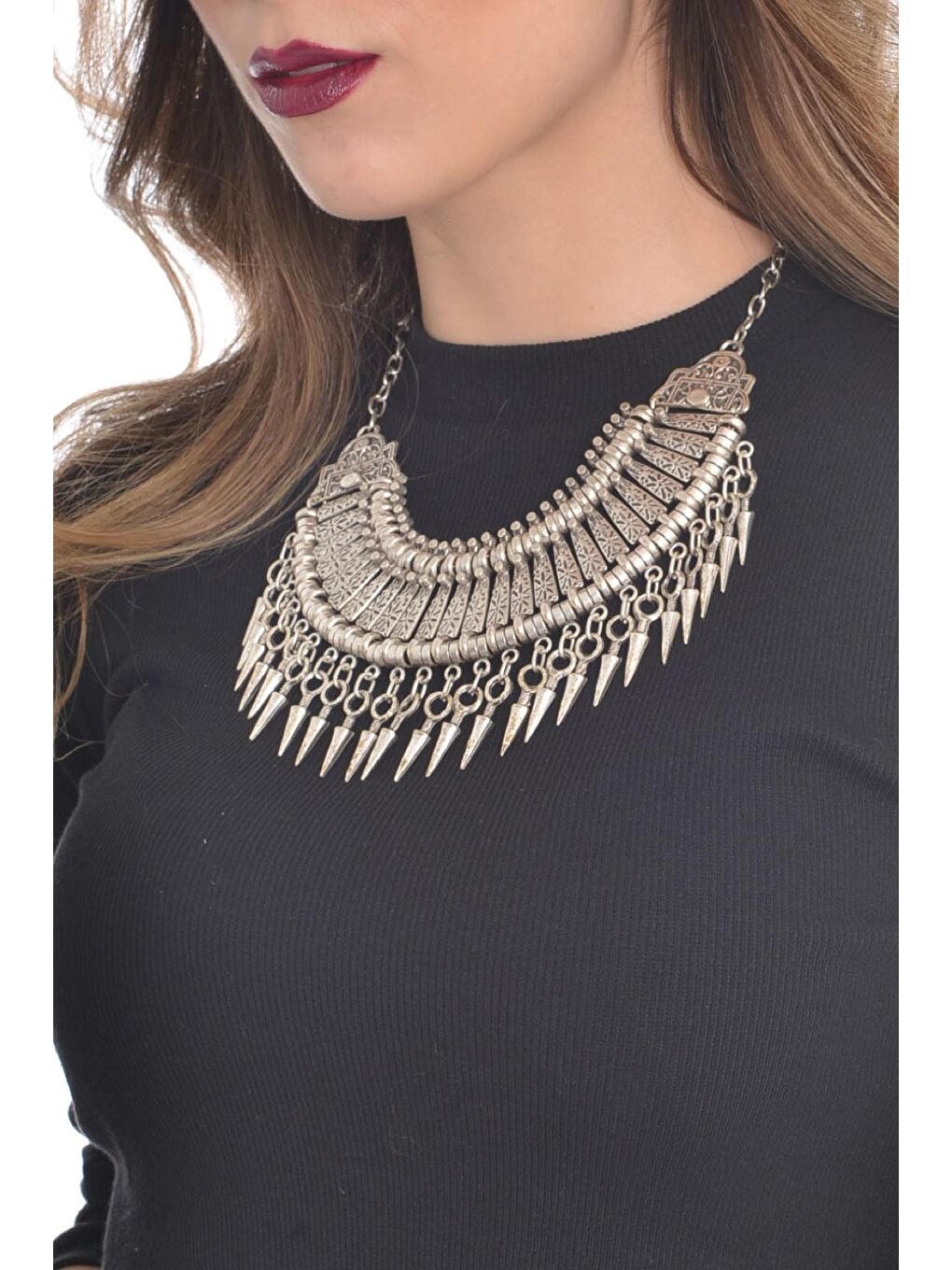 Gri Kadın Antik Gümüş Kaplama El Yapımı Bohem Kolye-1