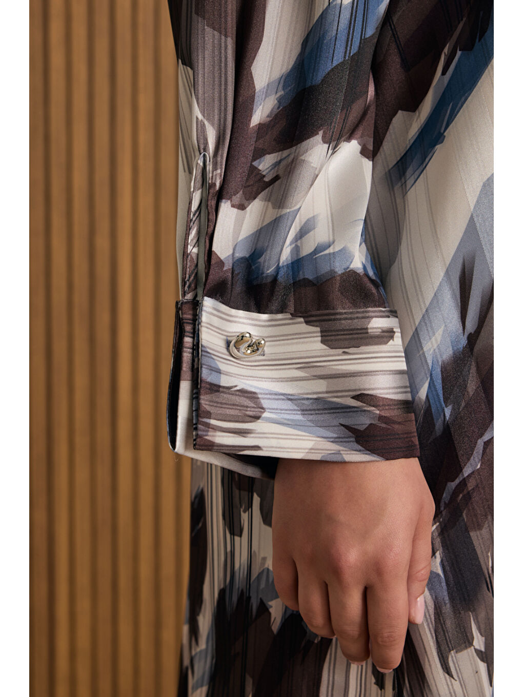 Bej Desenli Viscon Elbise-4