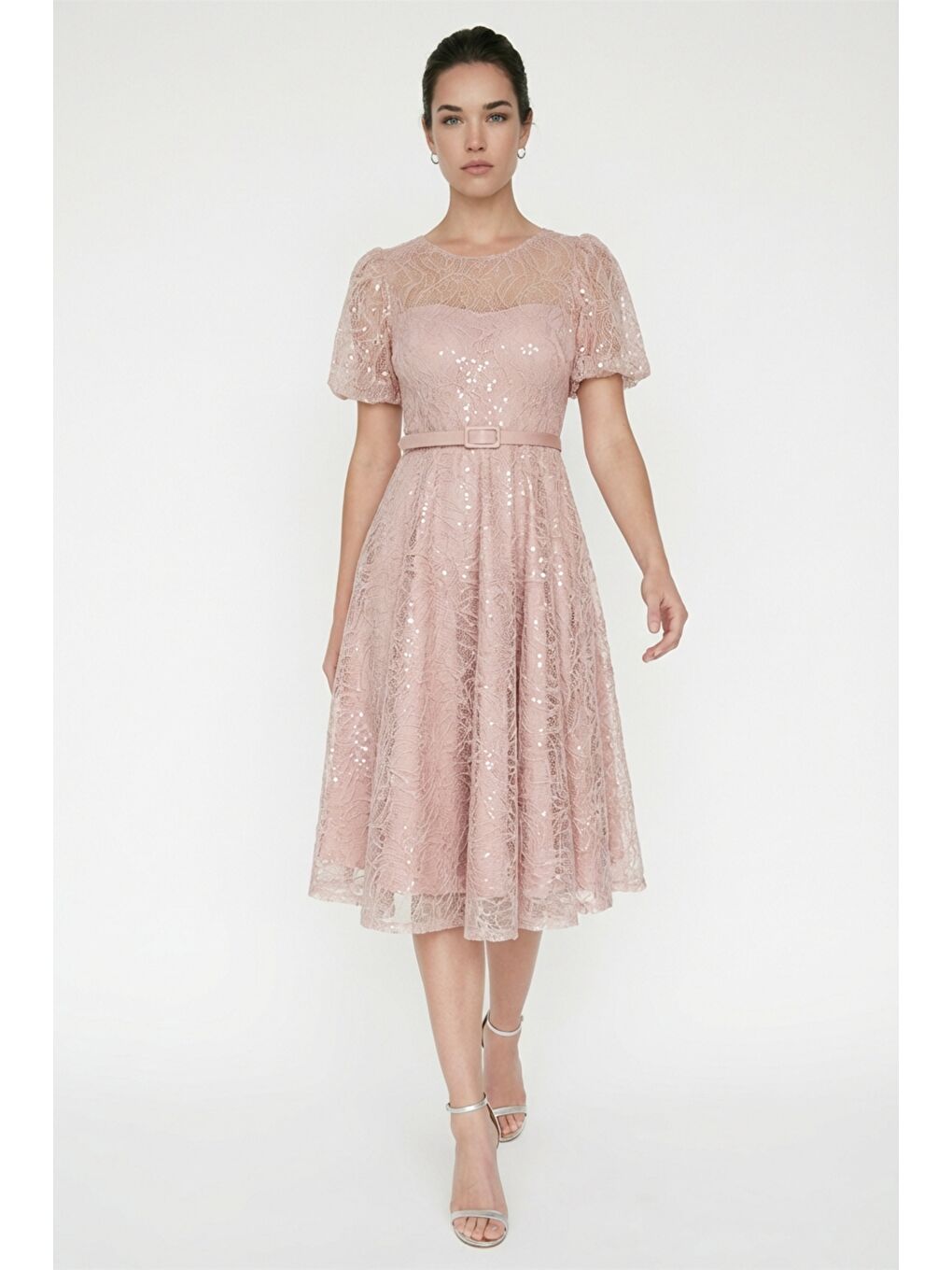 Pembe Kadın Pudra Balon Kol Kemerli Söz Nişan Nikah Abiye Elbise