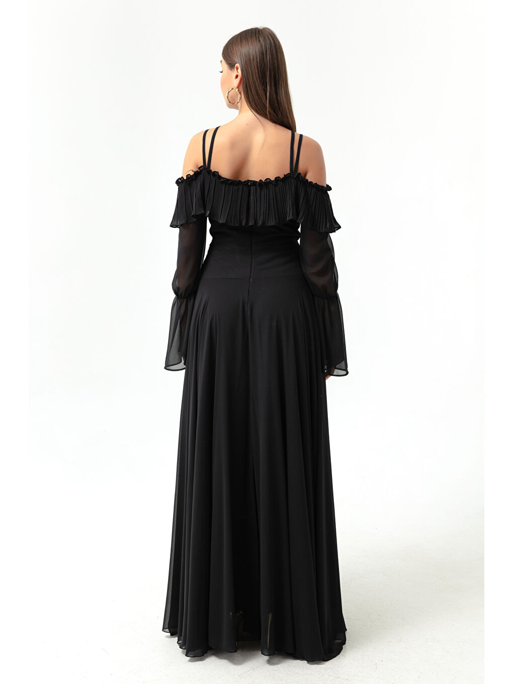 Kadın Siyah Askılı Düşük Kol Şifon Abiye Elbise-4