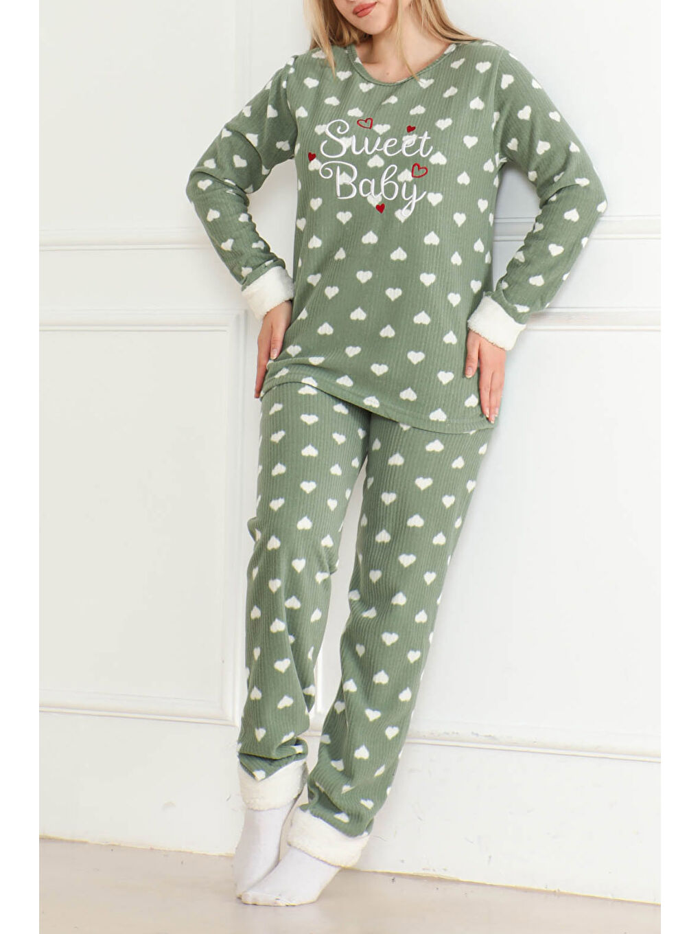 Nakışlı Pelüş Polar Pijama Takım Haki   26636-1