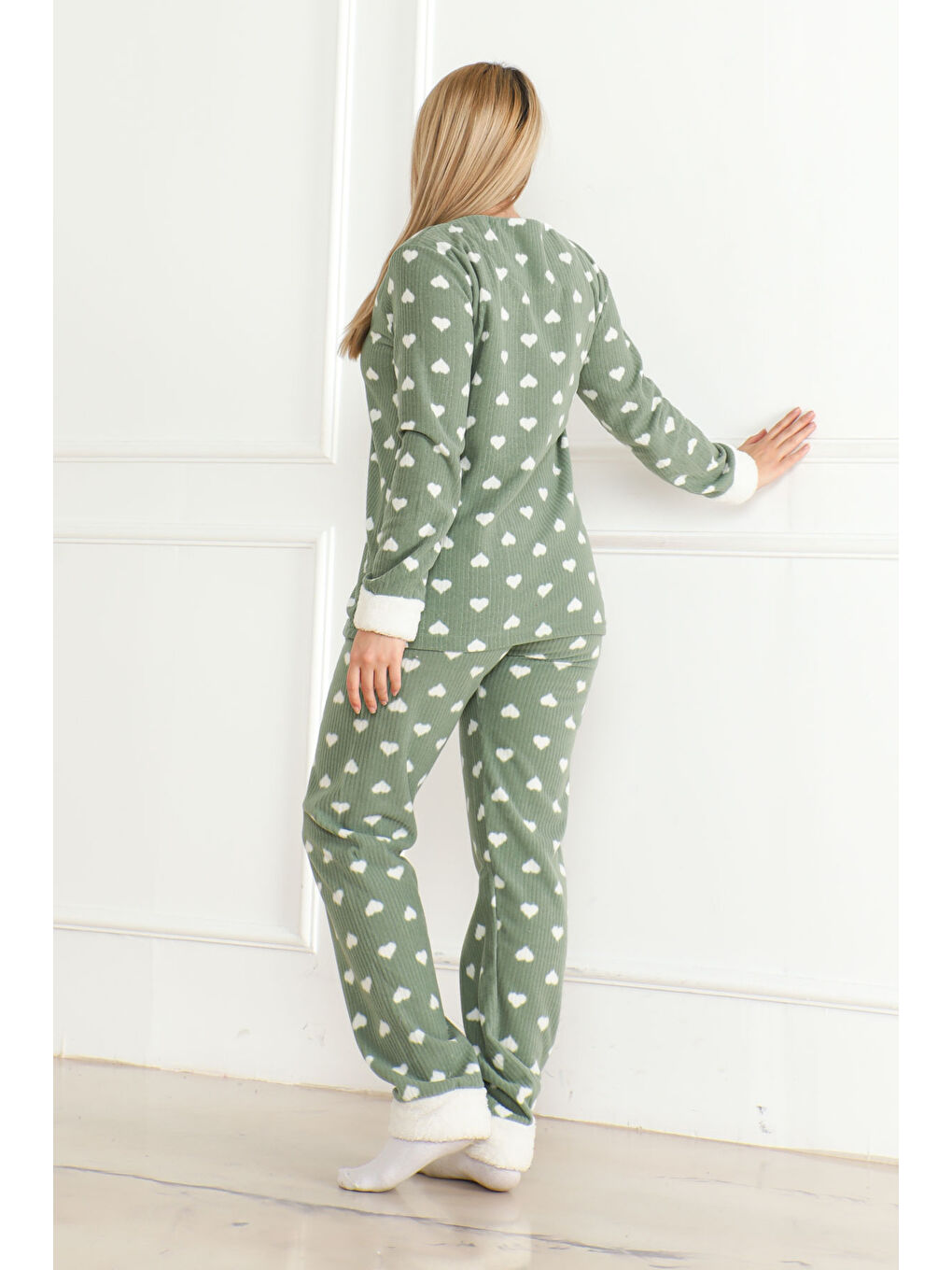 Nakışlı Pelüş Polar Pijama Takım Haki   26636-3