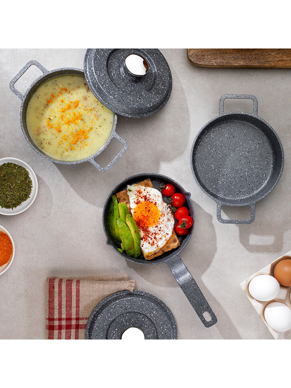 Retro Cast Mini Döküm Tencere Seti 5 Parça-Gri