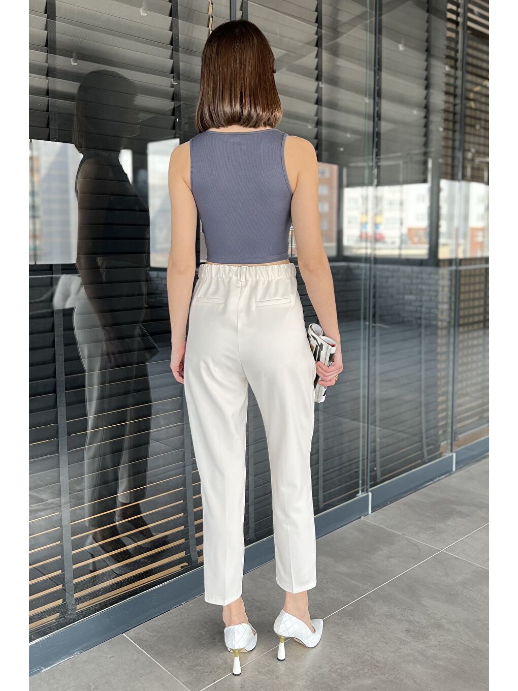 Ekru Kadın Yüksek Bel Kumaş Pantolon-2