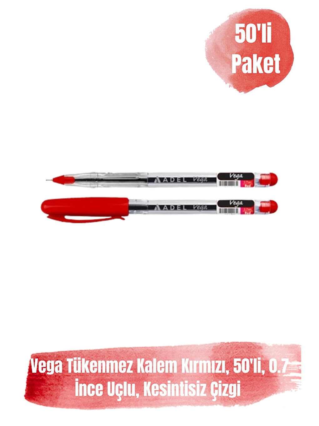 Vega Tükenmez Kalem Kırmızı, 50'li, 0.7 İnce Uçlu, Kesintisiz Çizgi
