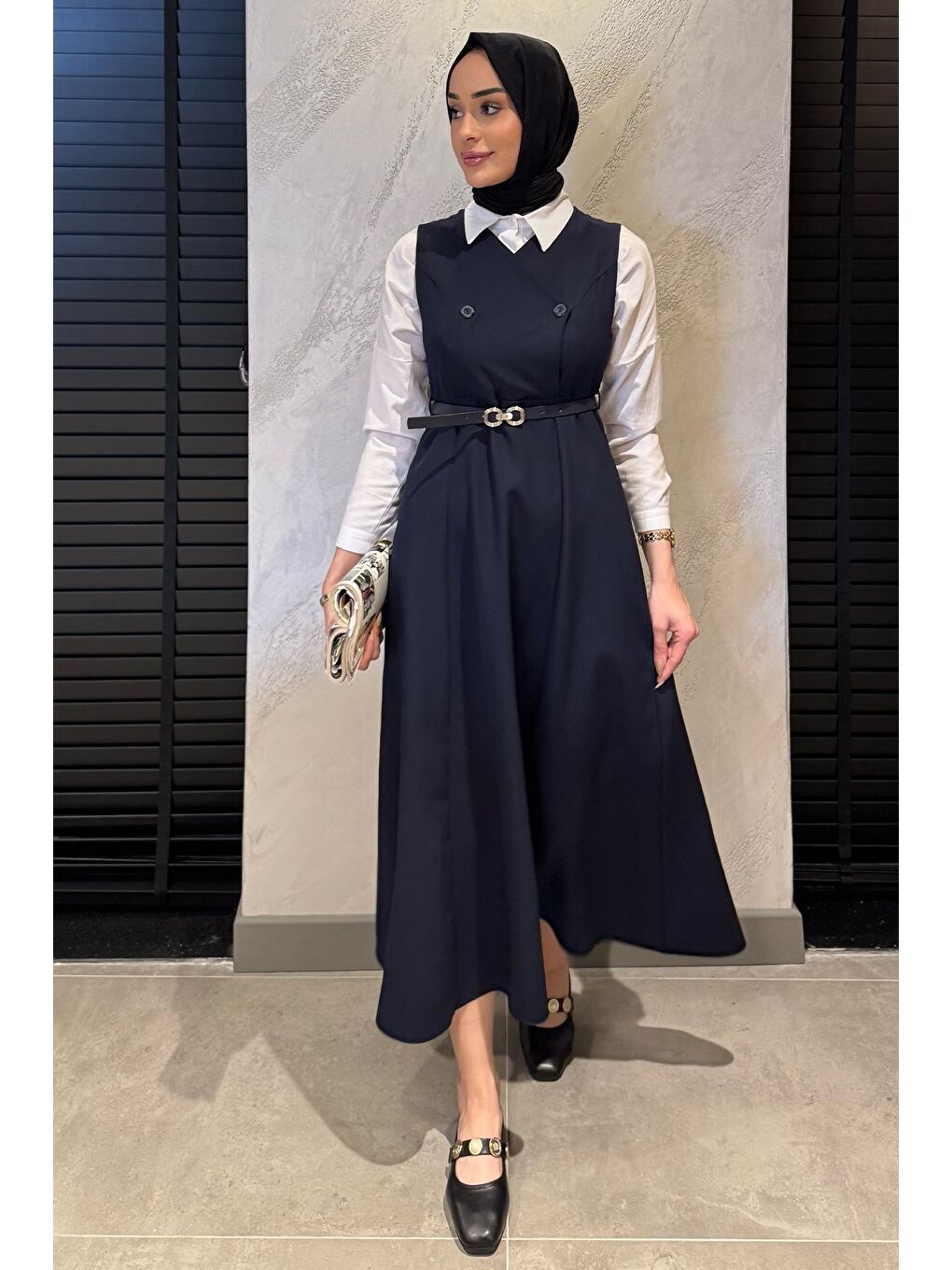Lacivert Kemerli Tesettür Jile Elbise