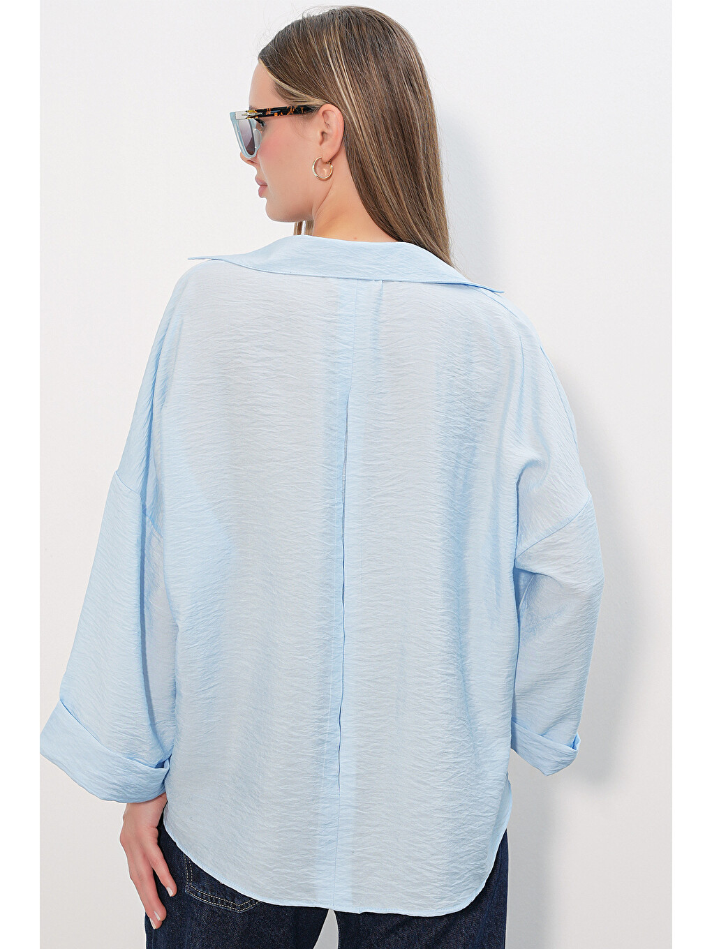 Kadın Geniş Kol Oversize Gömlek 20401 - Mavi-5
