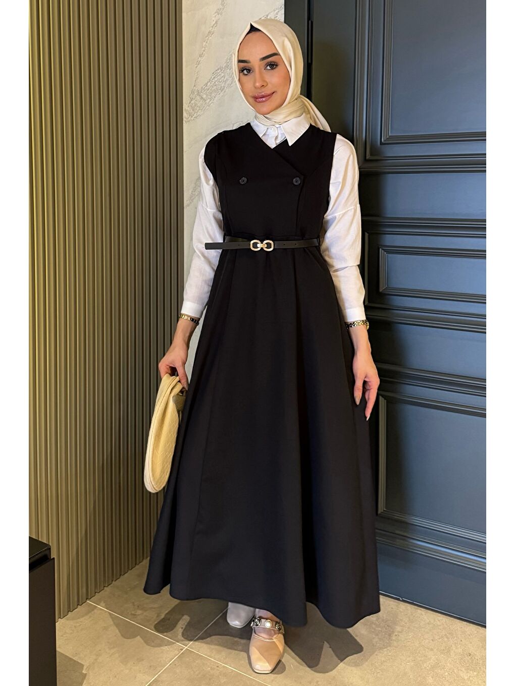 Siyah Kemerli Tesettür Jile Elbise-2