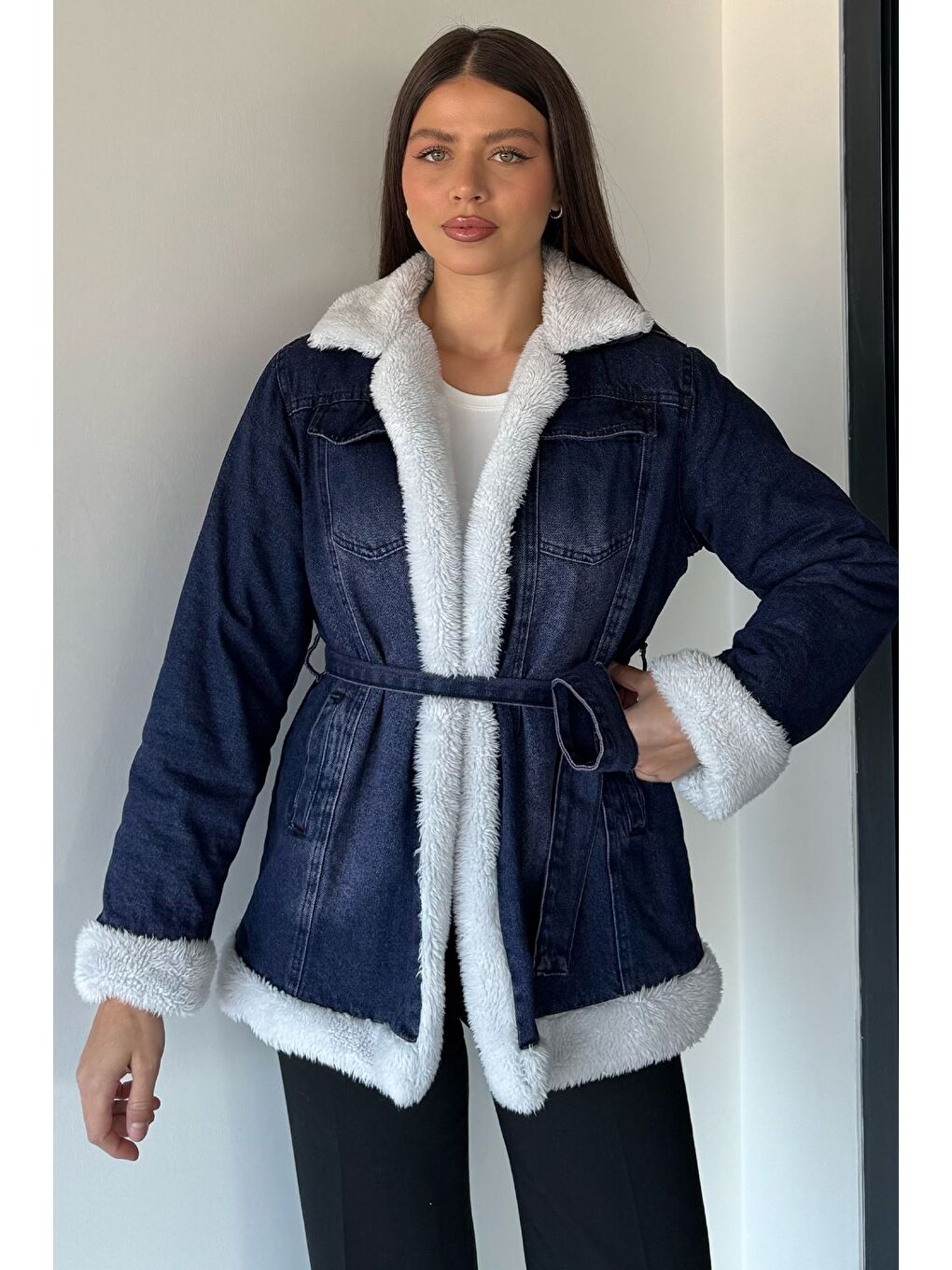 Lacivert Kadın Bel Kuşaklı İçi Pelüş Jean Jean Ceket-1