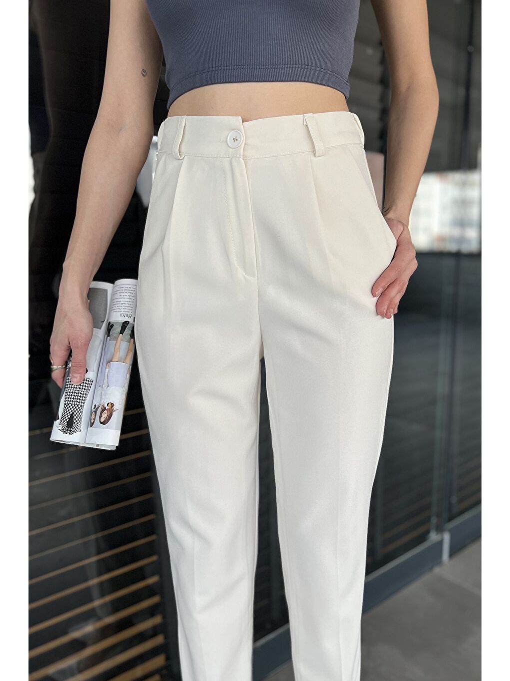Ekru Kadın Yüksek Bel Kumaş Pantolon-3