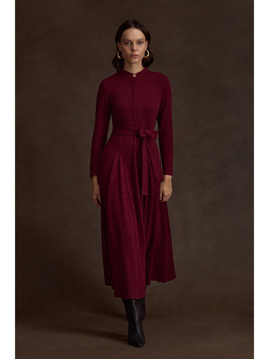 Bordo Seyyar Kuşaklı ,Kloş Örme Elbise