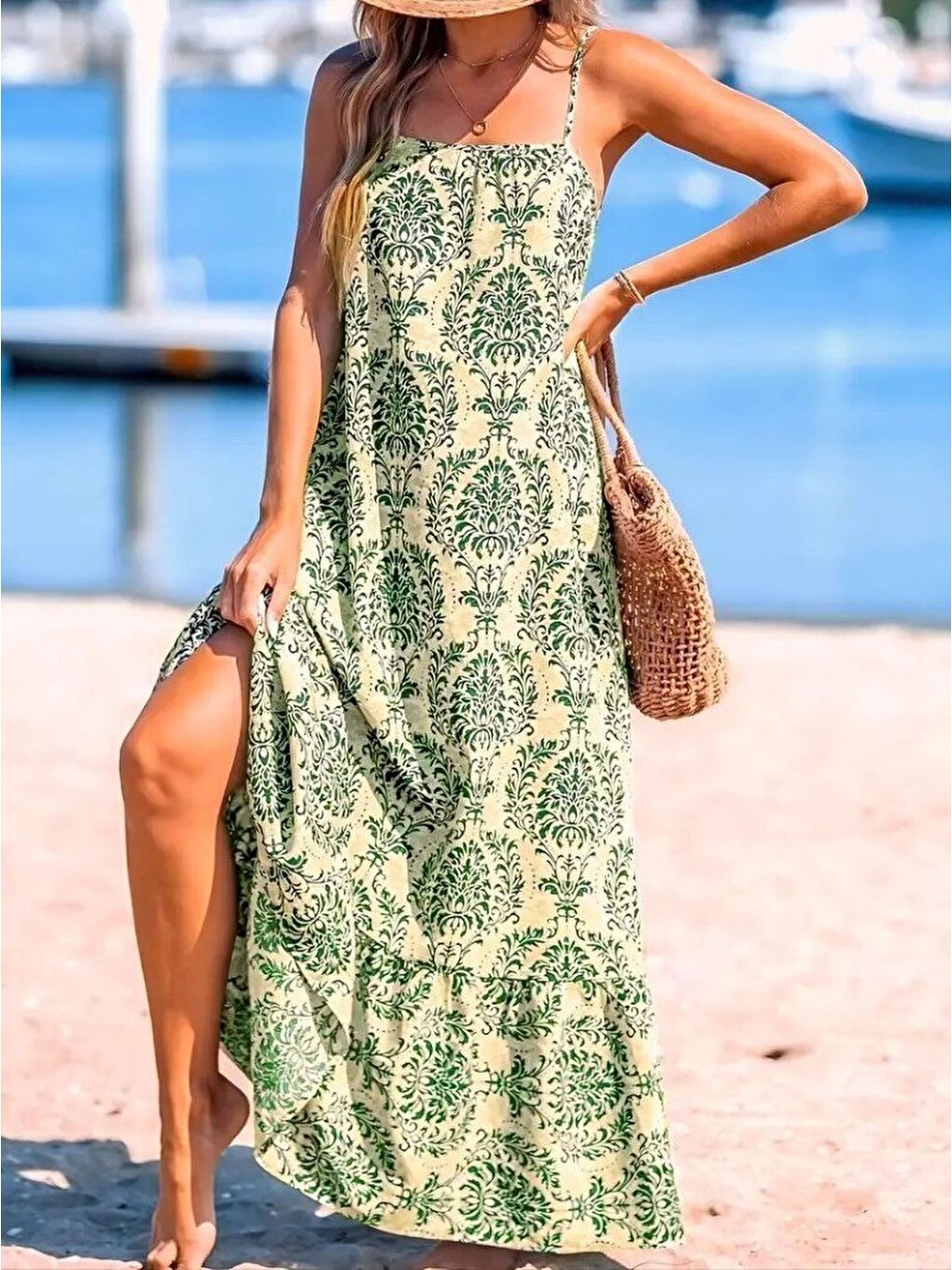 Yeşil Kadın Ip Askılı Desenli Fırfırlı Süprem Elbise