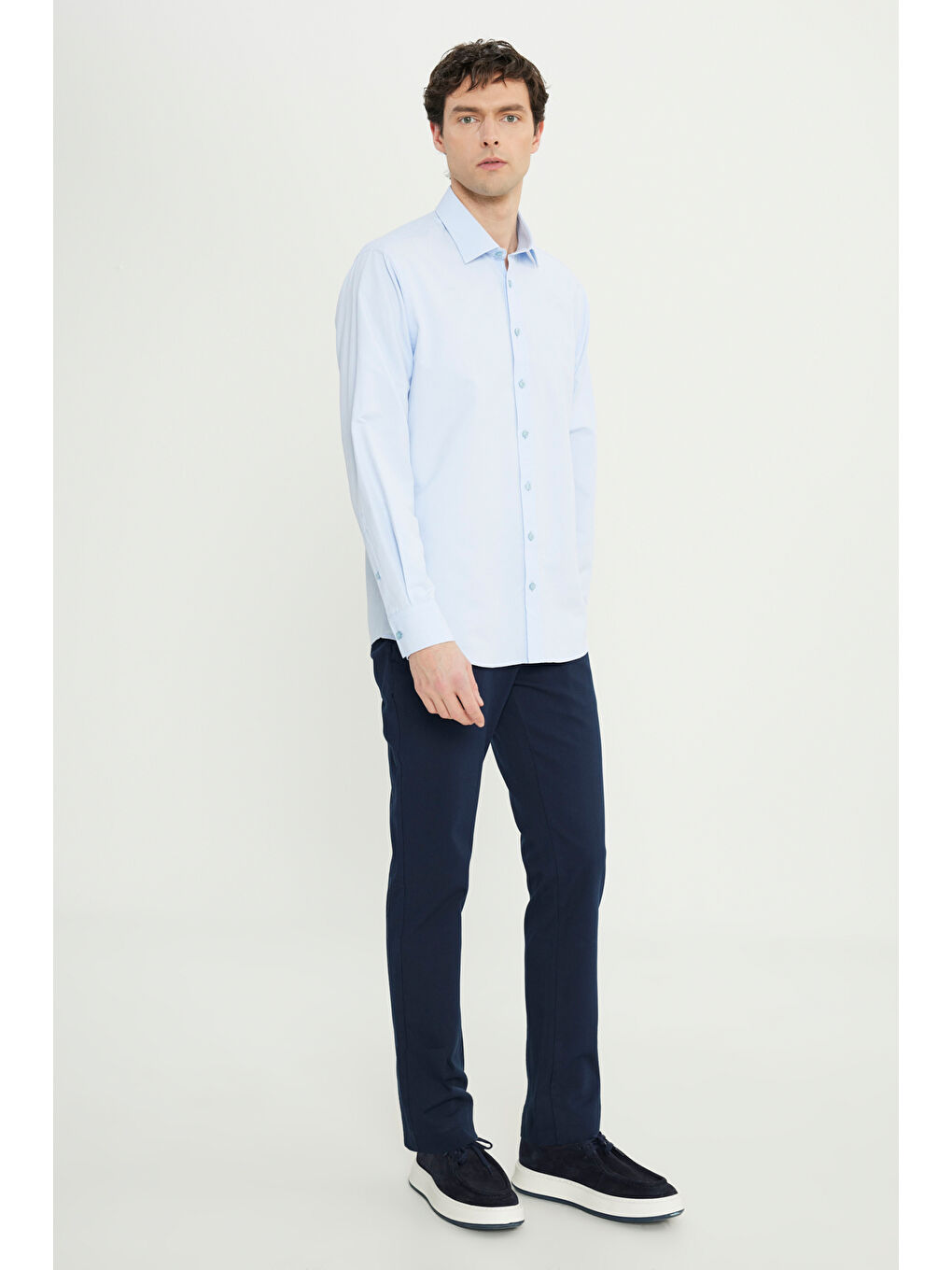 Erkek Açık Mavi Regular Fit Rahat Kesim Klasik Yaka Armürlü Gömlek-1
