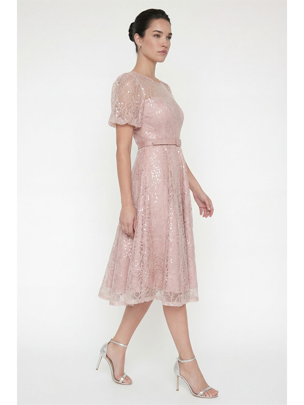 Pembe Kadın Pudra Balon Kol Kemerli Söz Nişan Nikah Abiye Elbise-1