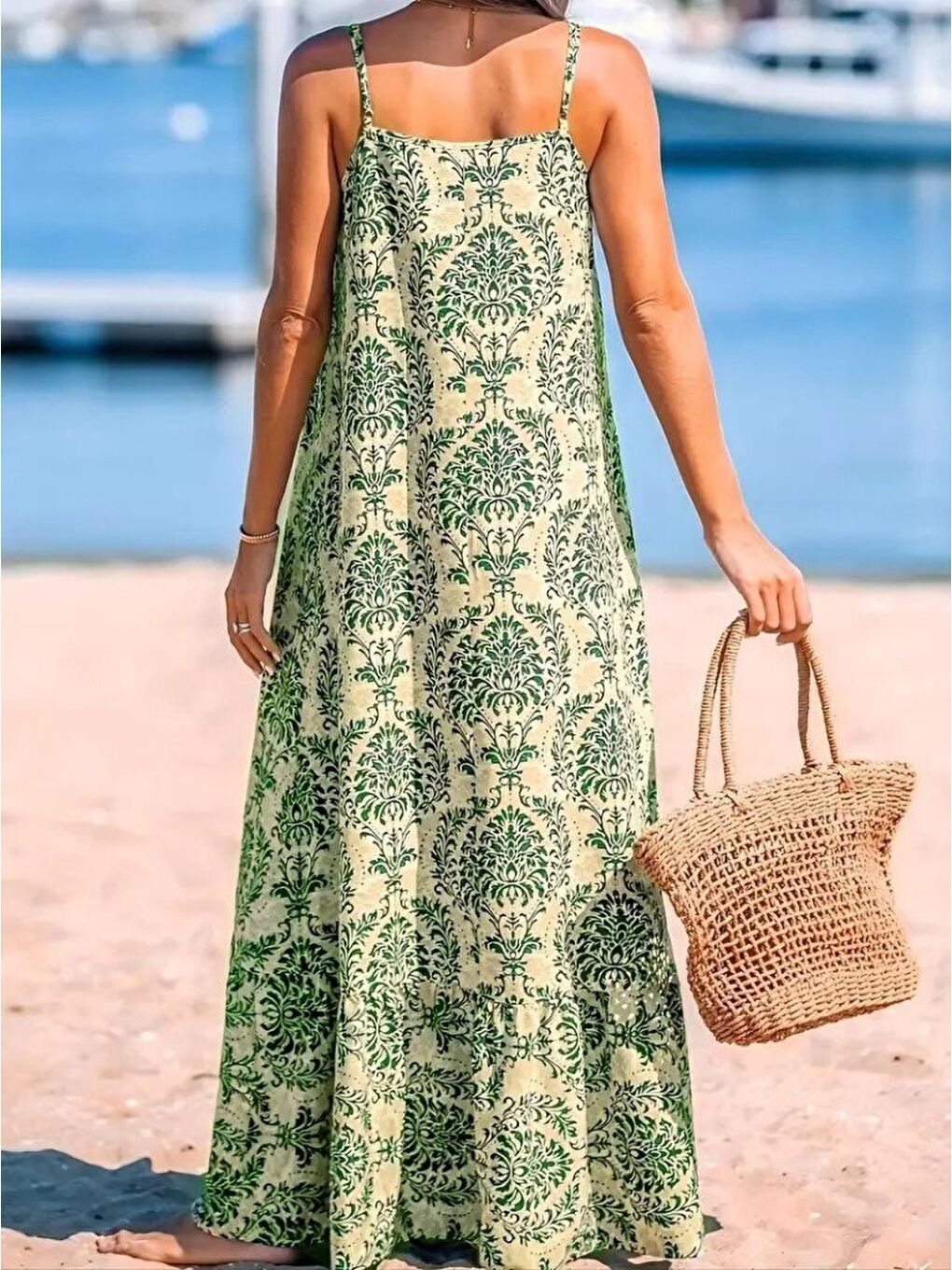 Yeşil Kadın Ip Askılı Desenli Fırfırlı Süprem Elbise-2