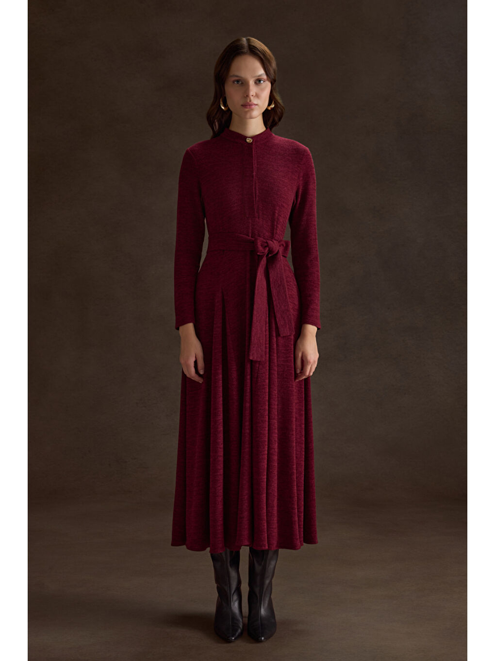 Bordo Seyyar Kuşaklı ,Kloş Örme Elbise-1