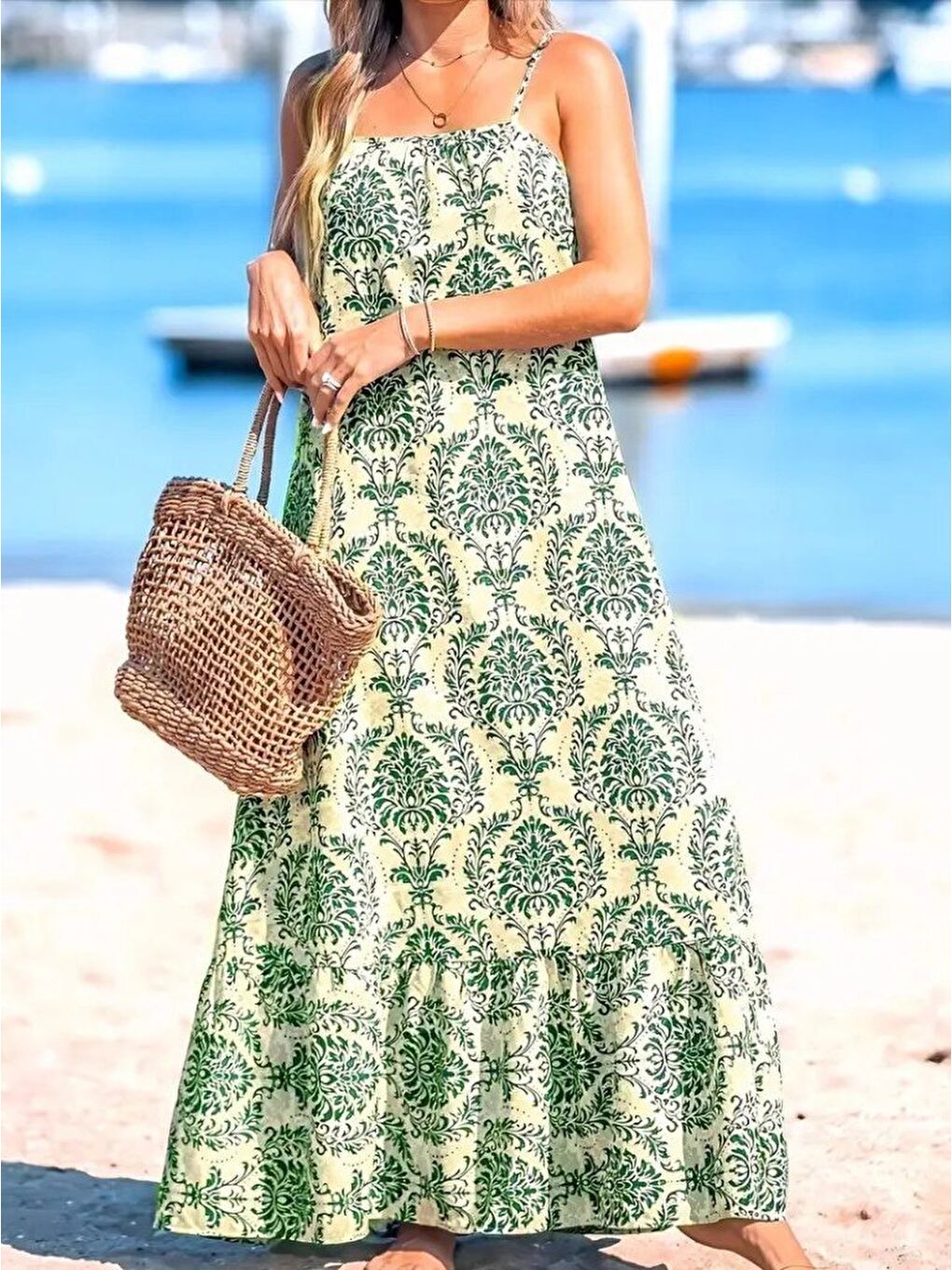 Yeşil Kadın Ip Askılı Desenli Fırfırlı Süprem Elbise-3