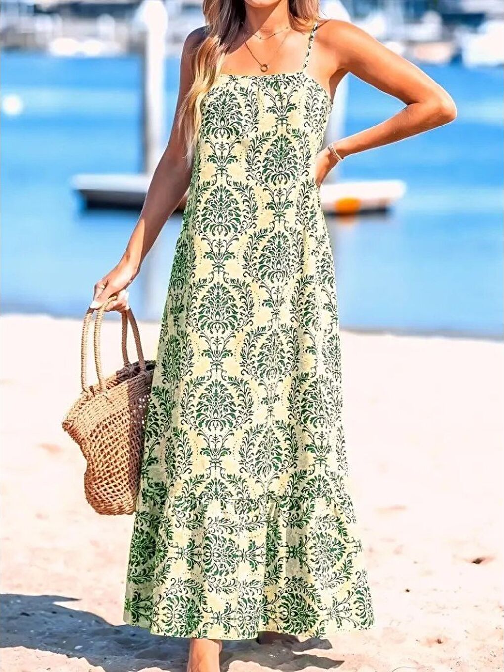 Yeşil Kadın Ip Askılı Desenli Fırfırlı Süprem Elbise-4