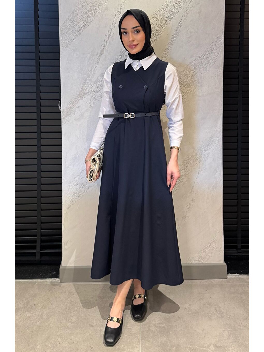 Lacivert Kemerli Tesettür Jile Elbise-2