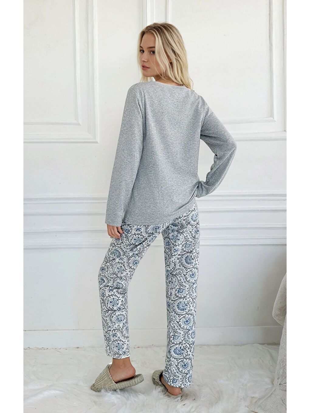 Love Motif Gri Çiçek Desenli Kadın Pijama Takımı-2