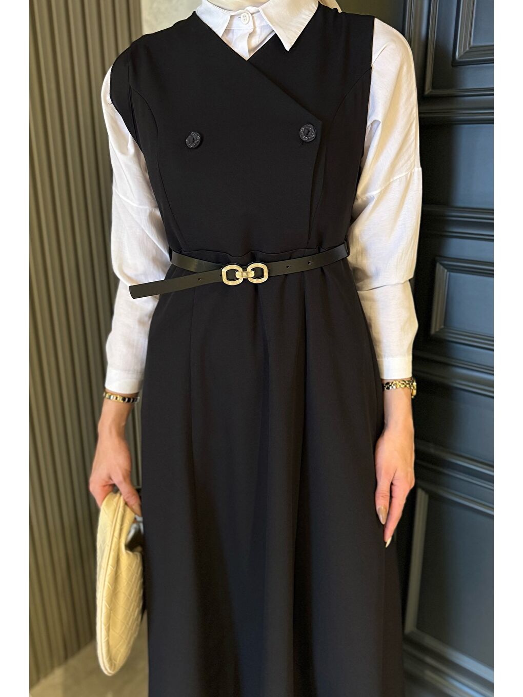 Siyah Kemerli Tesettür Jile Elbise-5