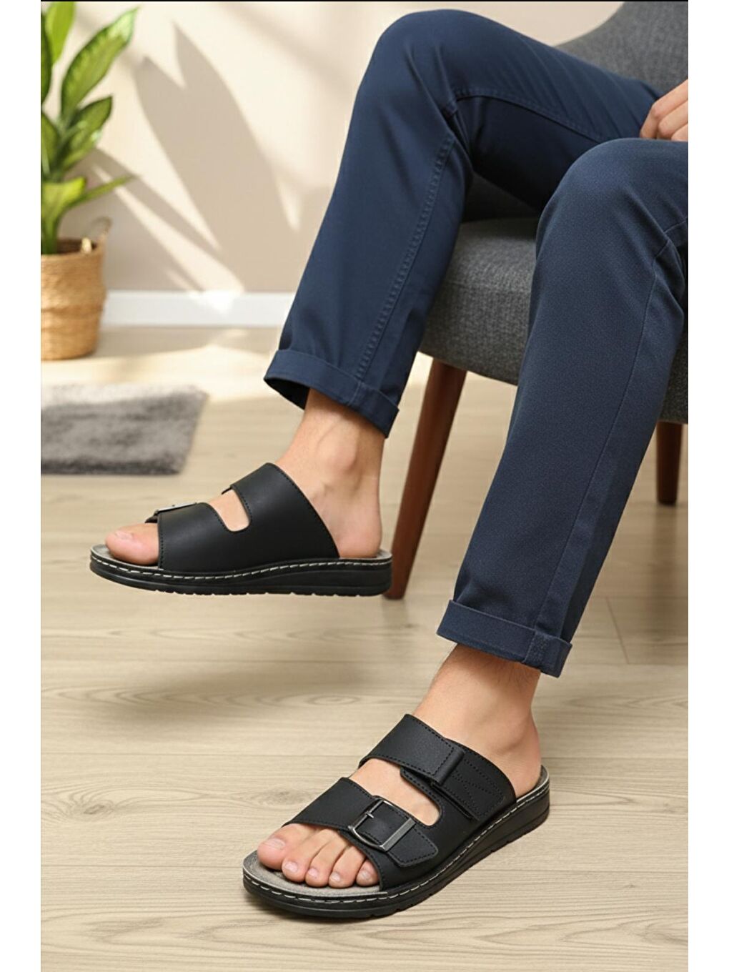 Siyah Awx 9901 Erkek Suni Deri Çift Tokalı Cırtlı Ayarlanabilir Anatomik Taban Günlük Terlik