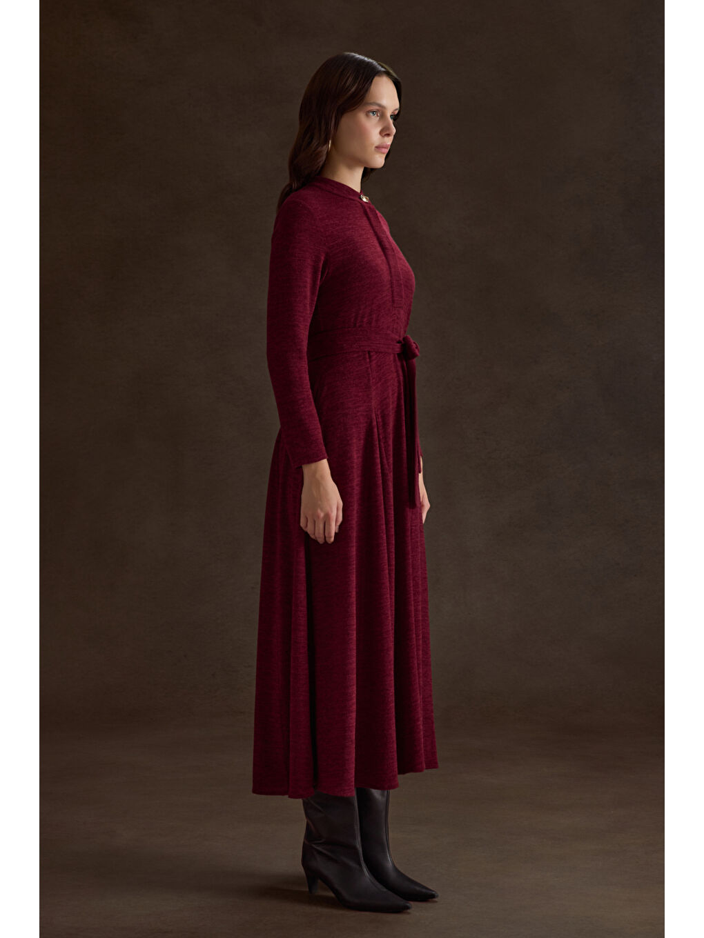 Bordo Seyyar Kuşaklı ,Kloş Örme Elbise-2