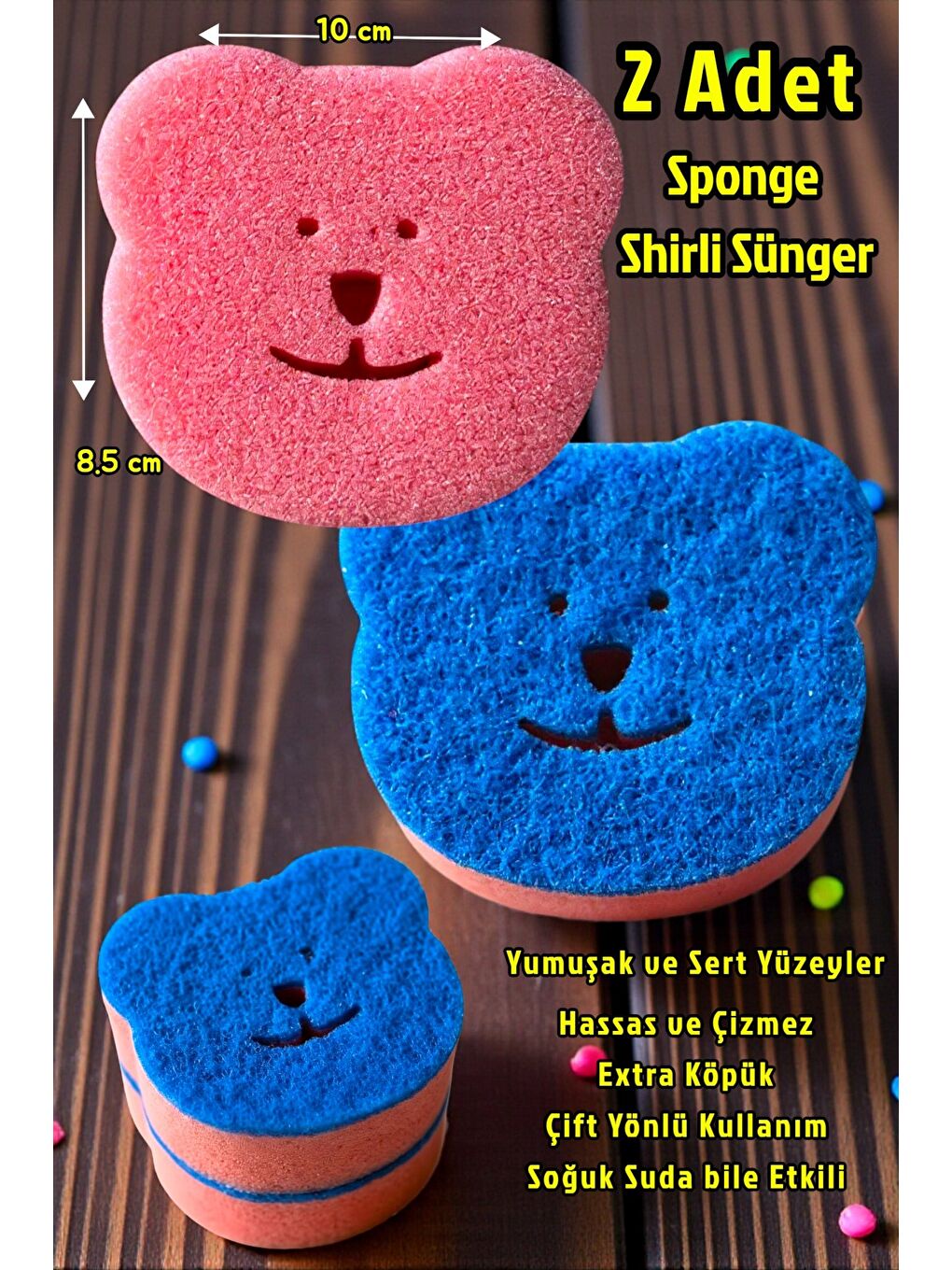 Sponge Çift Taraflı Gülen Yüz Çok Amaçlı Sihirli Bulaşık Süngeri Pembe Lacivert  2 Adet