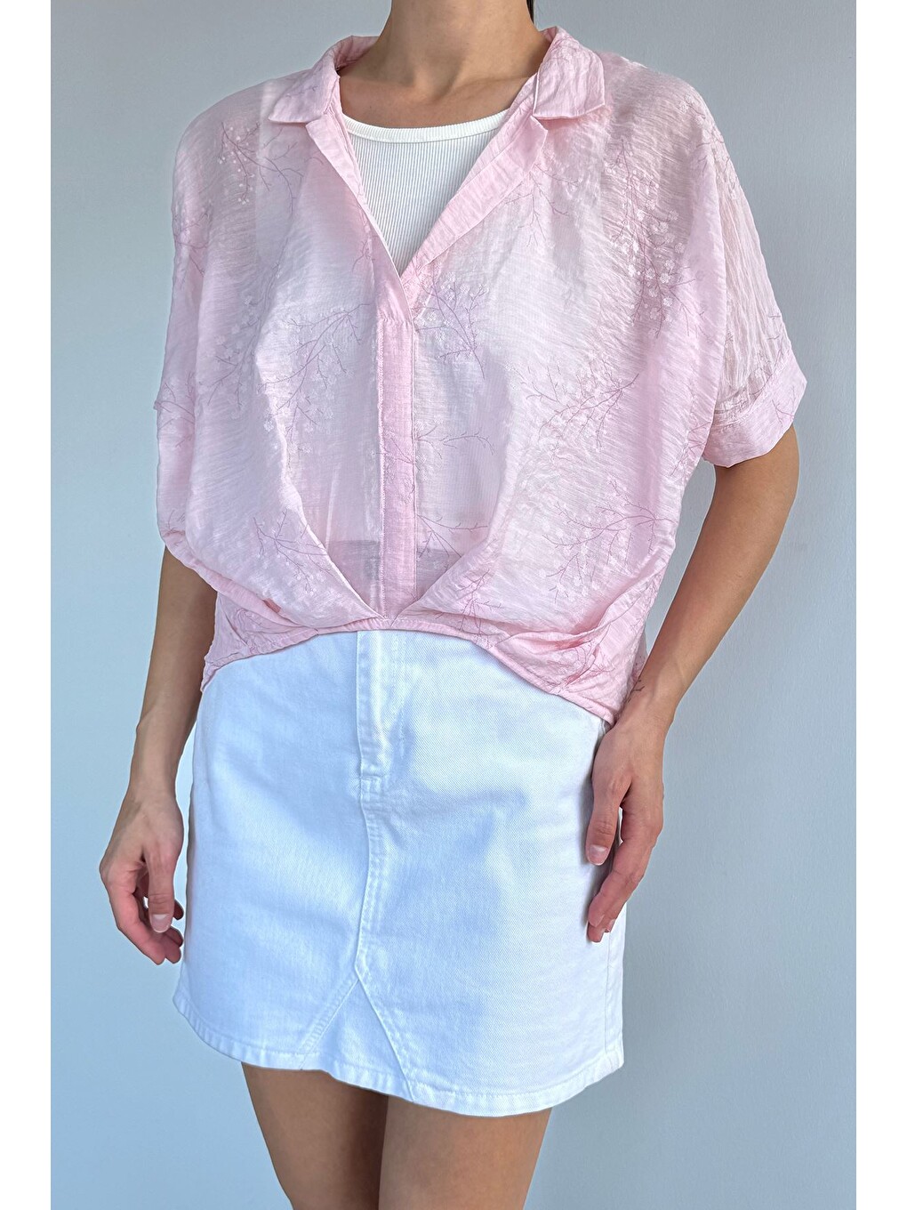 Pembe Kadın Crop Atletli Desenli Bluz-1